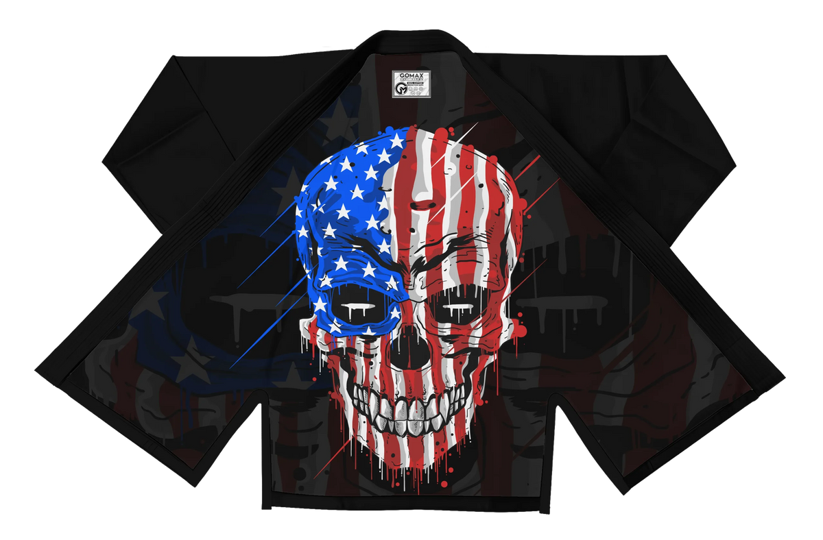 USA themed BJJ gi worn by athlete during training session with flag patch and eagle crest