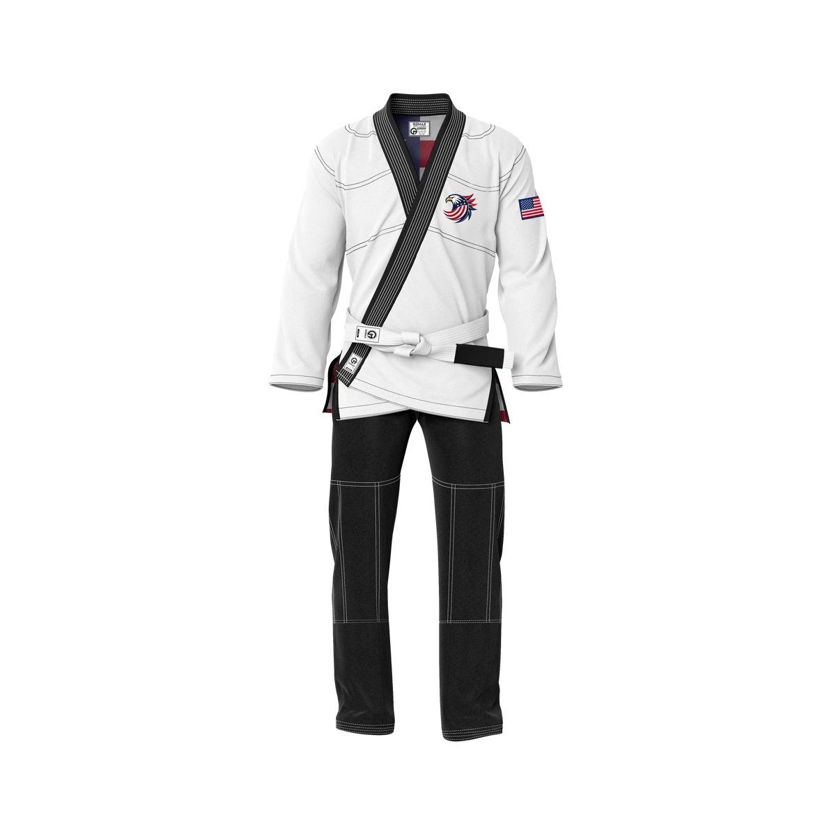 Patriotic BJJ gi with flag design shown in academy setting with white belt and bold branding