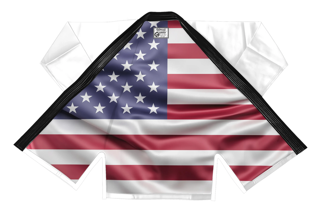 American flag BJJ gi worn by athlete during sparring session with USA patch and red trim