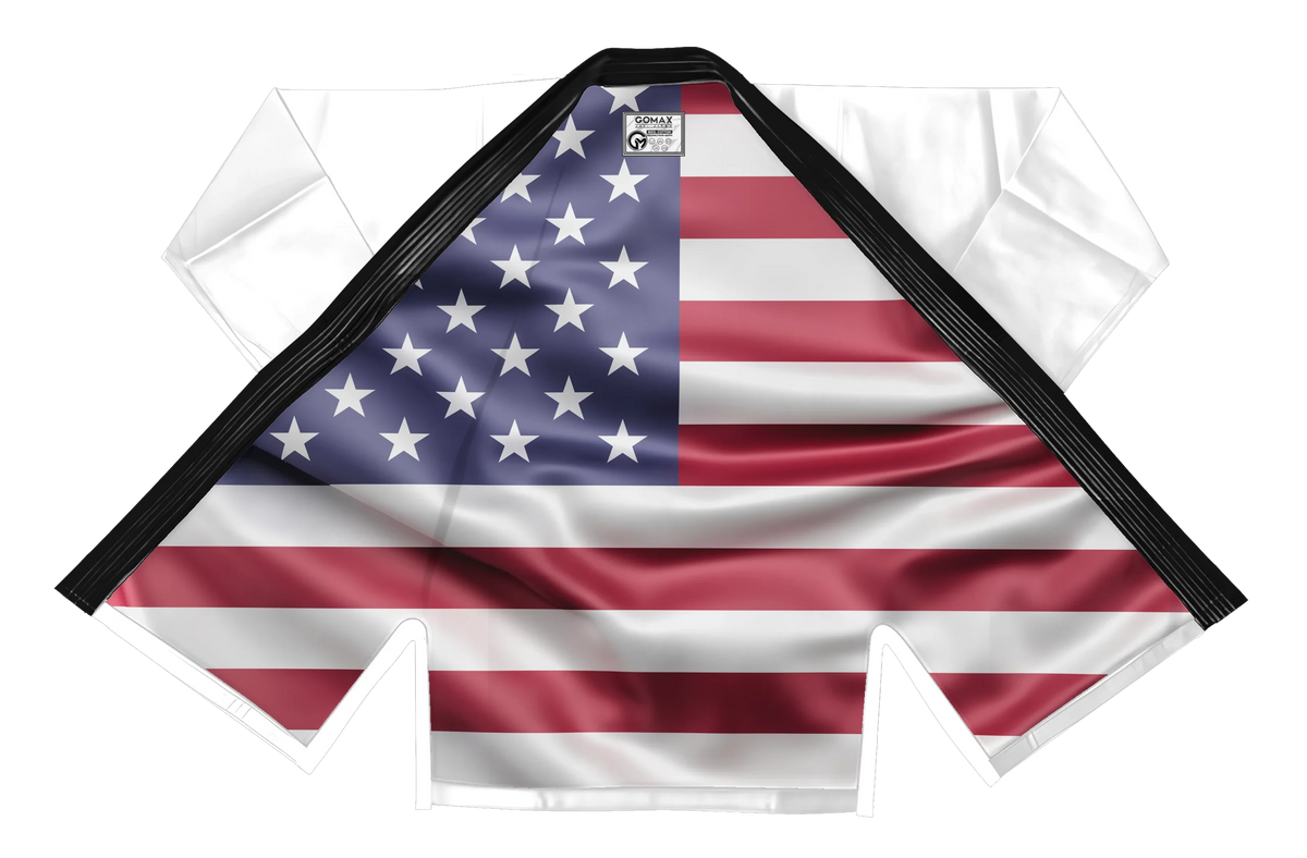 American flag BJJ gi worn by athlete during sparring session with USA patch and red trim