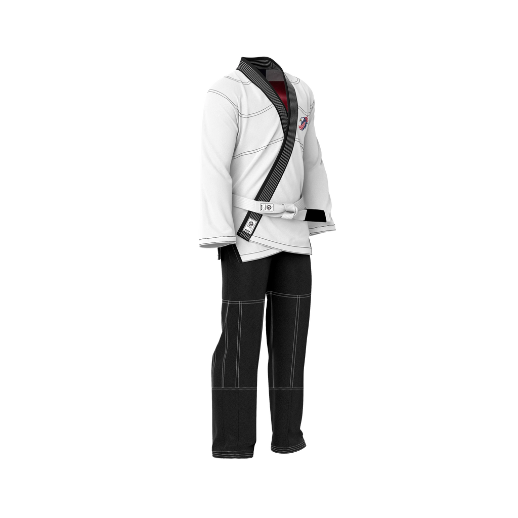 USA flag jiu jitsu gi laid flat with pearl weave jacket and stars and stripes sleeve design