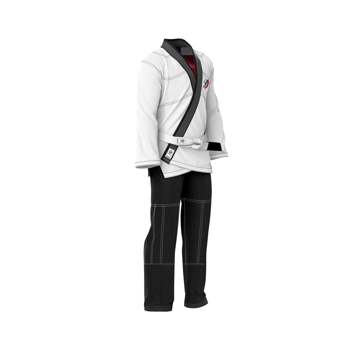 USA flag jiu jitsu gi laid flat with pearl weave jacket and stars and stripes sleeve design