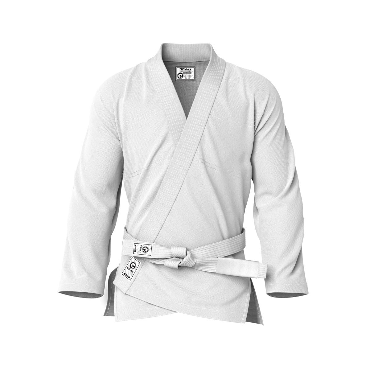 Front view of white BJJ gi showing classic design and reinforced stitching for jiu jitsu training.