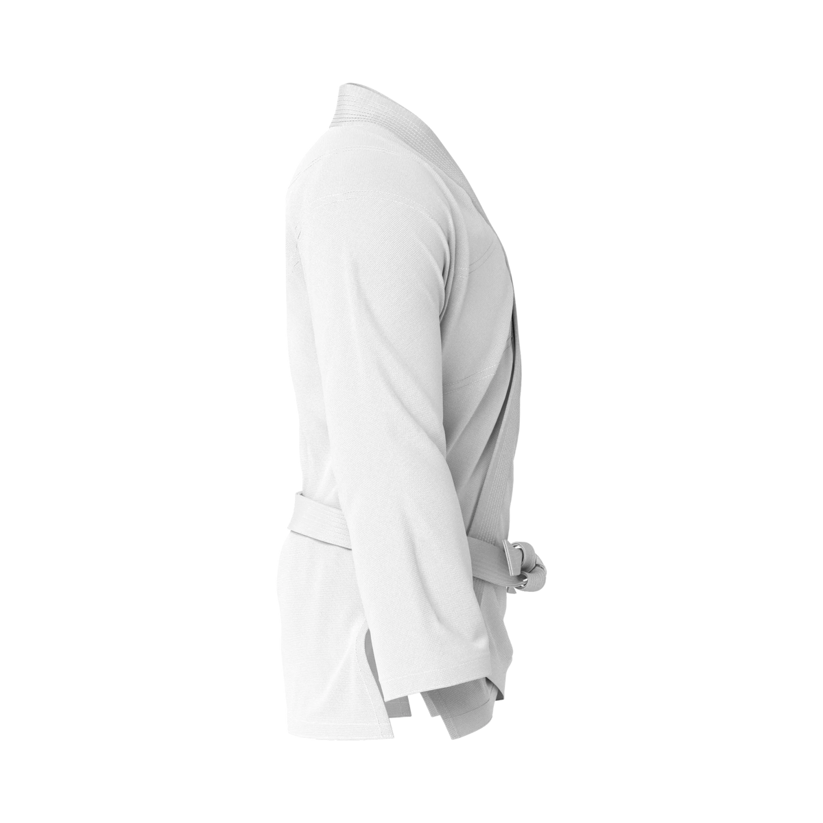 Side profile of classic white gi highlighting pearl weave texture and training-ready fit.
