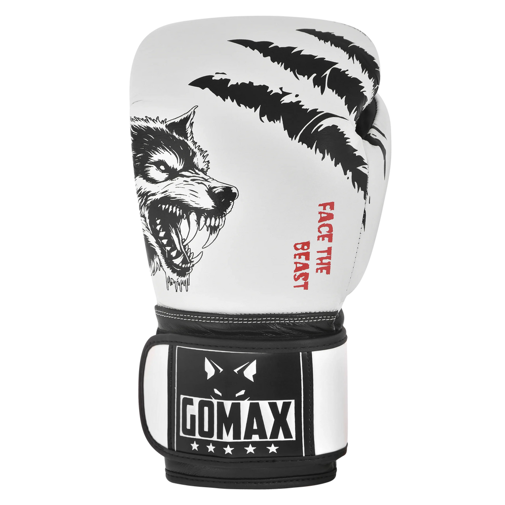 Iron Strike Pro Wolf Boxing Glove White/Black – premium leather boxing glove front view