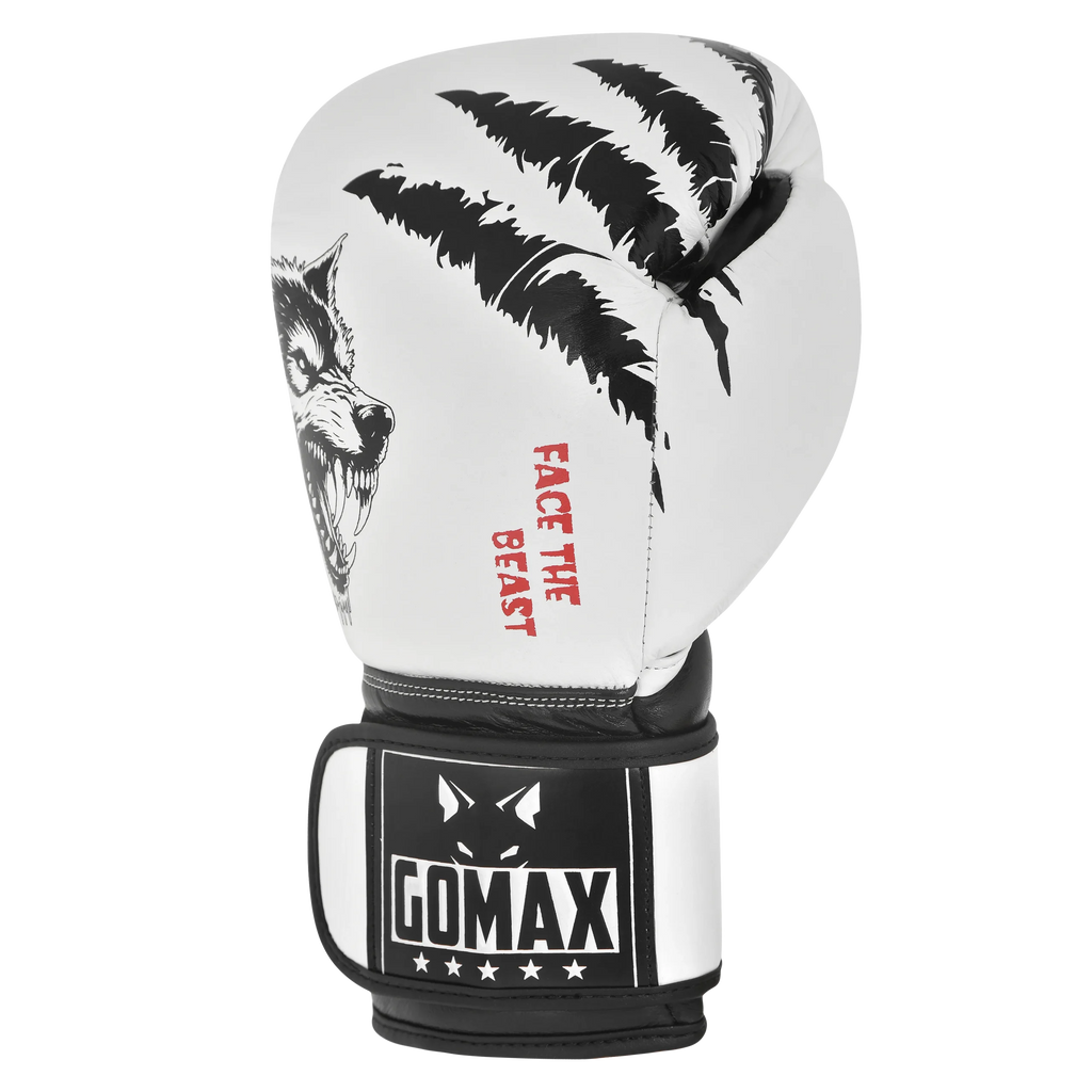 Custom boxing glove Wolf design White/Black – side angle view