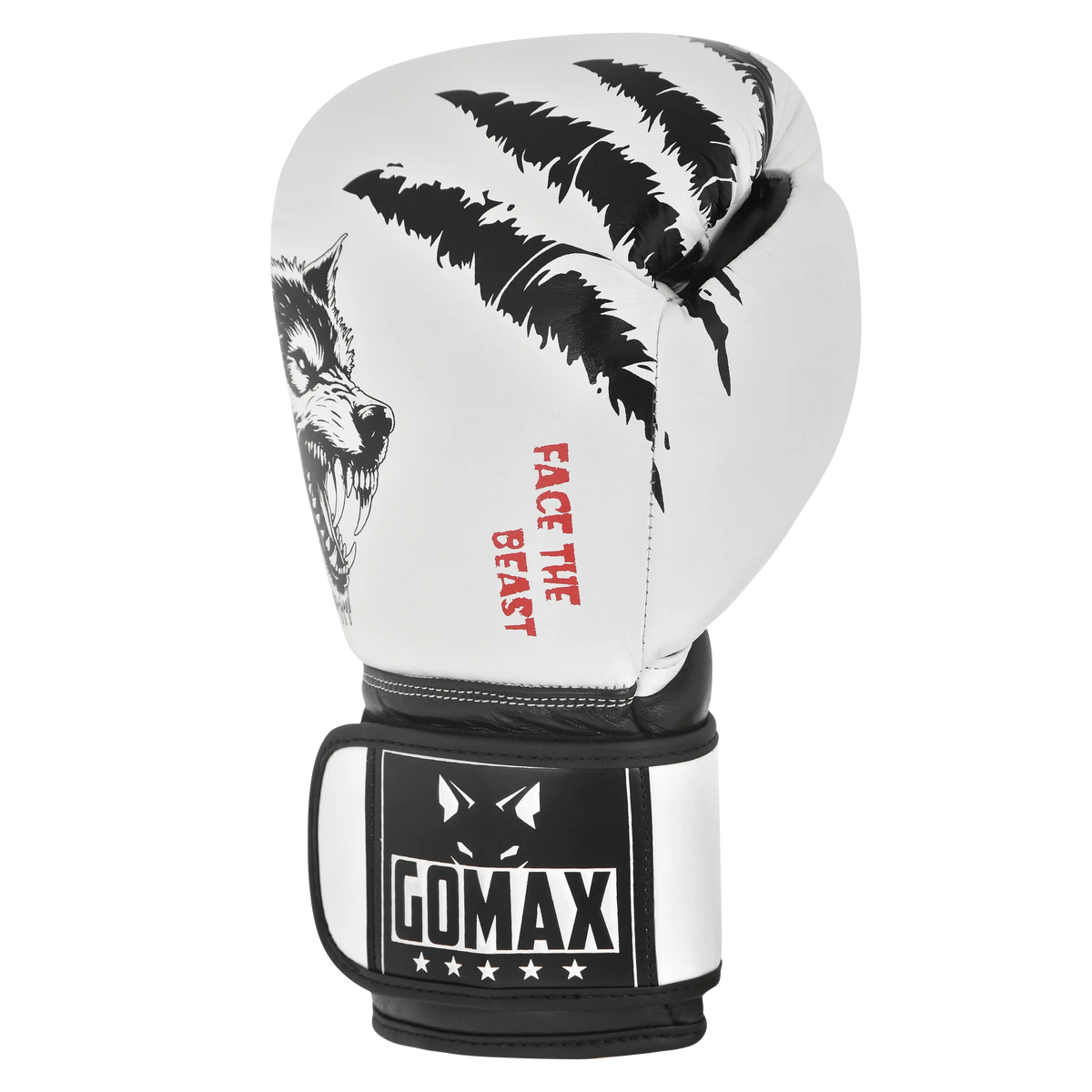 Custom boxing glove Wolf design White/Black – side angle view