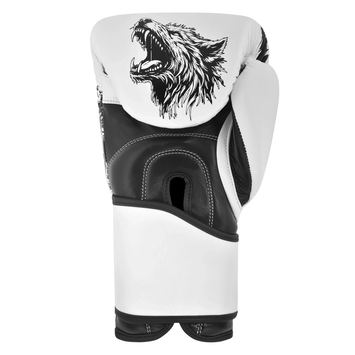 Professional boxing glove Wolf edition White/Black – back view with wrist support
