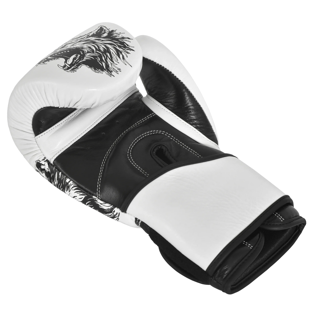 Durable Wolf boxing glove White/Black with antimicrobial inner lining – Iron Strike Pro