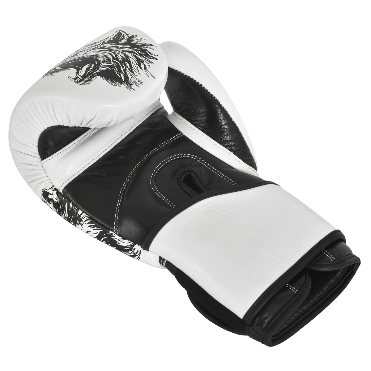 Durable Wolf boxing glove White/Black with antimicrobial inner lining – Iron Strike Pro