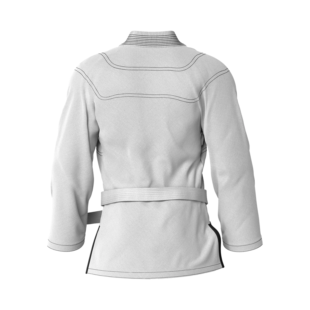 Back angle of white gi for elite fighters tailored for tournament performance and structured grading.