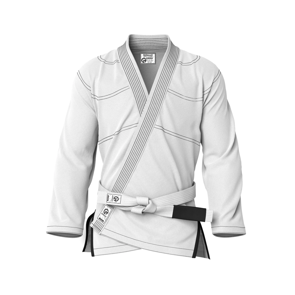 Front view of white gi for competition showing IBJJF approved cut and ranked belt-ready design.