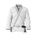 Front view of white gi for competition showing IBJJF approved cut and ranked belt-ready design.
