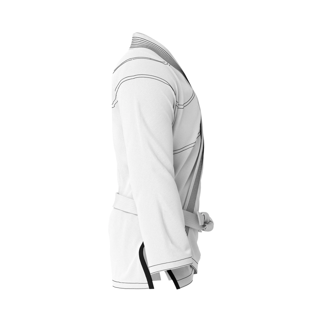 Side profile of white gi for ranked belts highlighting reinforced stitching and athletic silhouette.