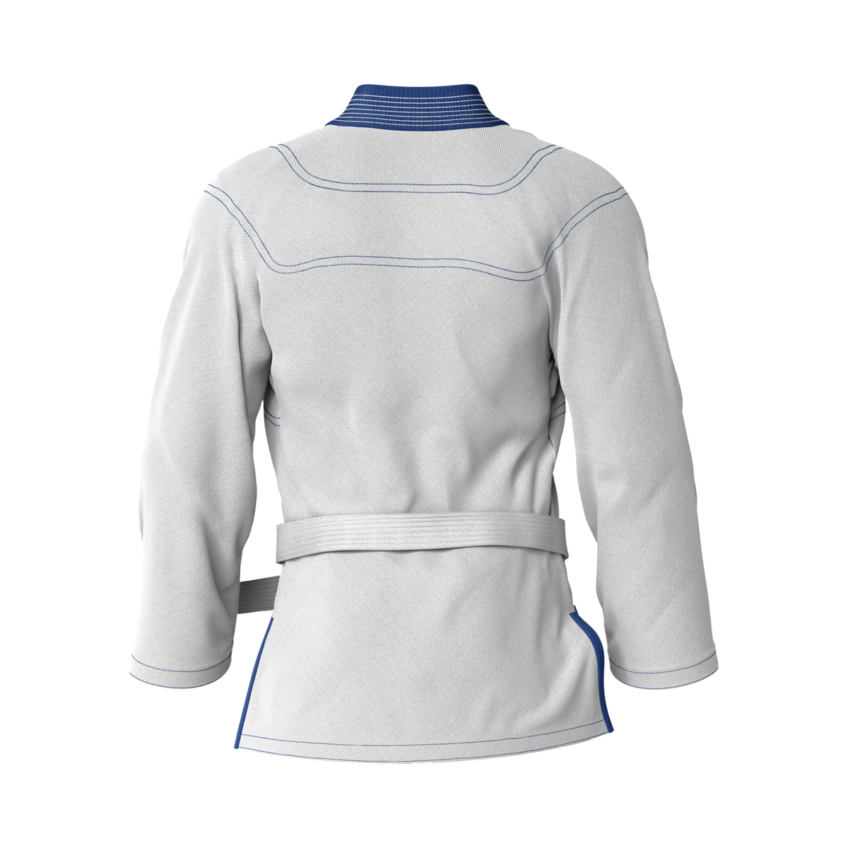 Back angle of durable white gi designed for open mat sessions and high-intensity BJJ training.