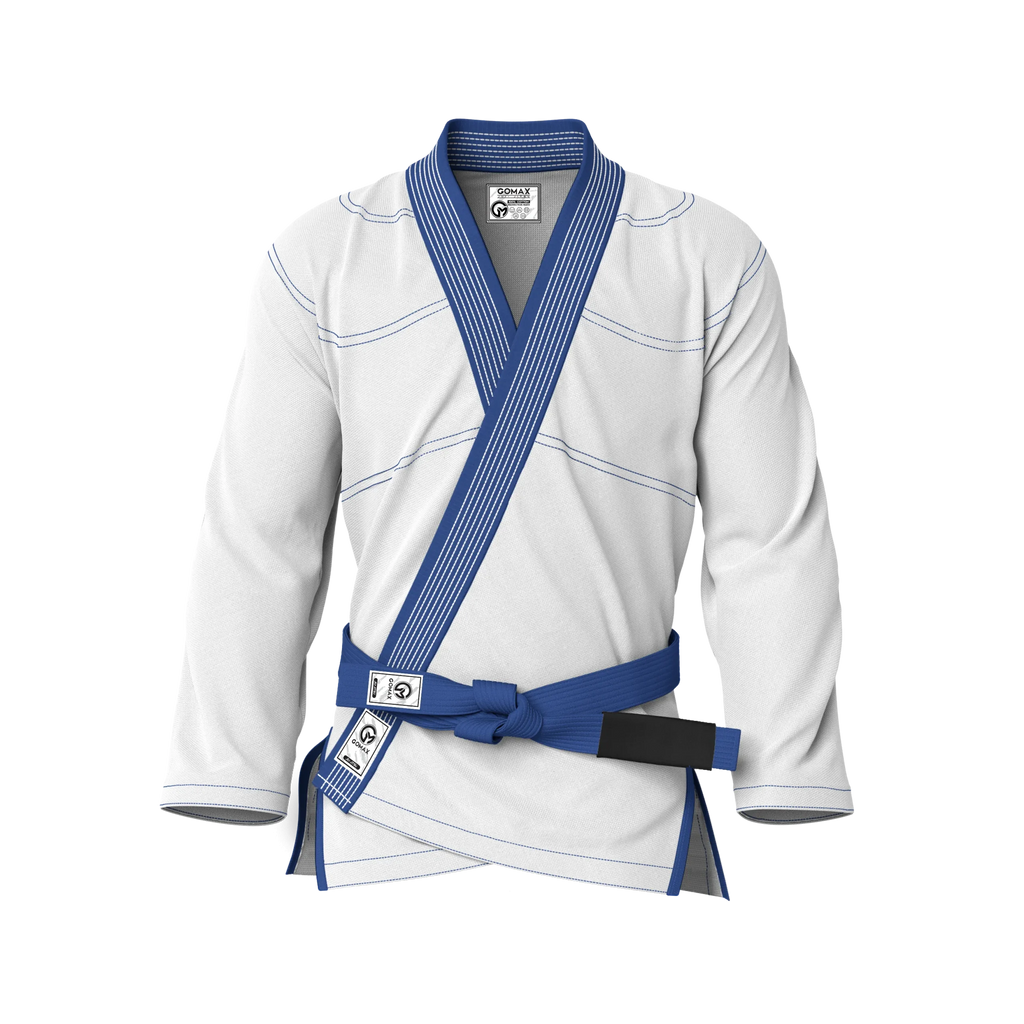 Front view of white gi for sparring showing reinforced stitching and sleek fit for grappling and drills.