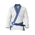 Front view of white gi for sparring showing reinforced stitching and sleek fit for grappling and drills.