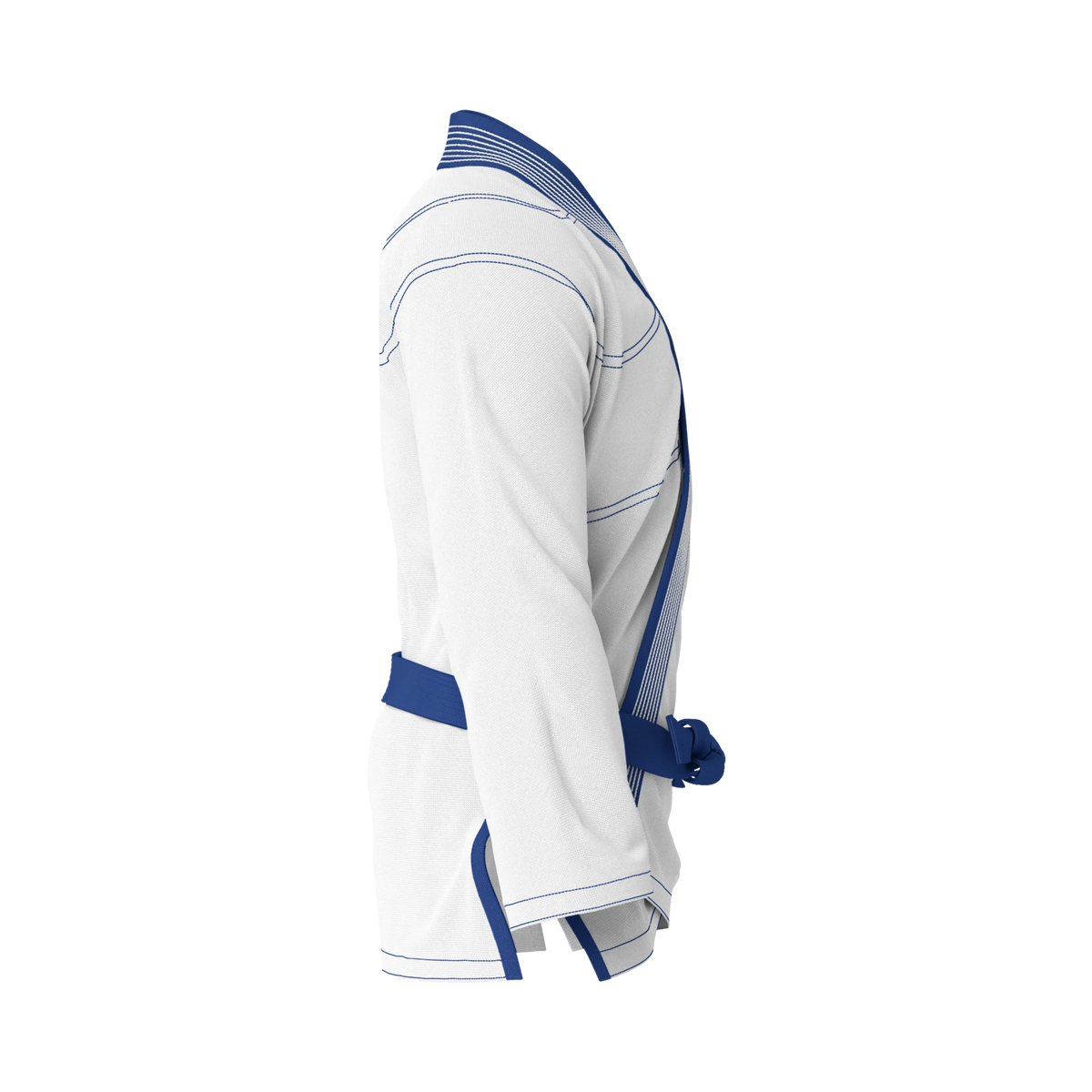 Side profile of white gi for drills highlighting pearl weave texture and athletic silhouette for grappling.