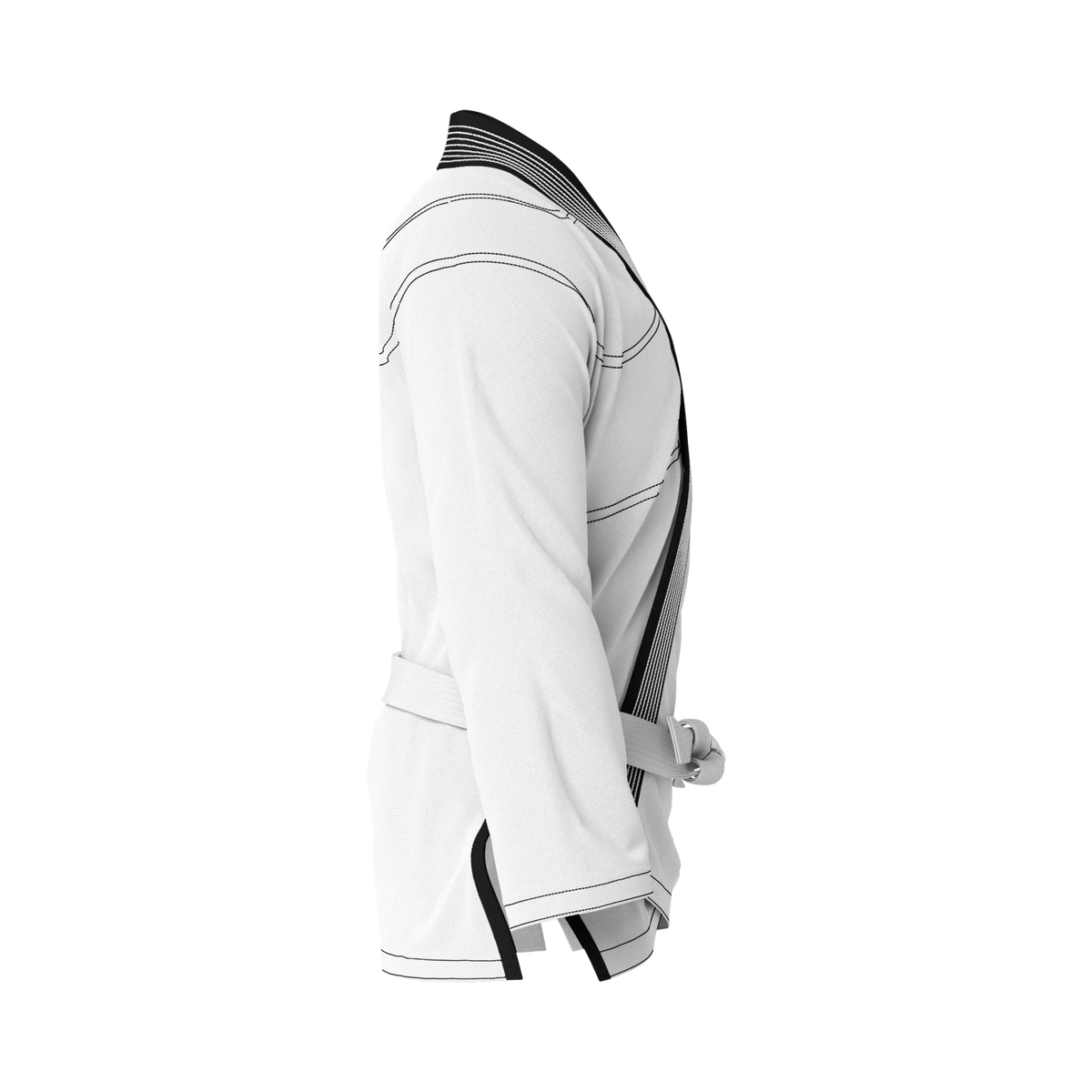 Side profile of female fit white gi highlighting reinforced stitching and athletic silhouette.