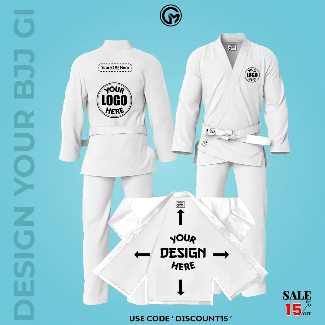 Custom BJJ gi with personalized embroidery and design options on durable jiu jitsu gear gi
