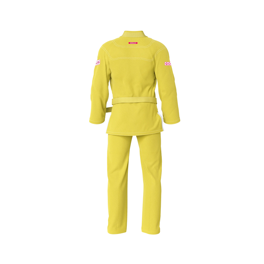 Full yellow gi uniform back profile with reinforced stitching and durable construction