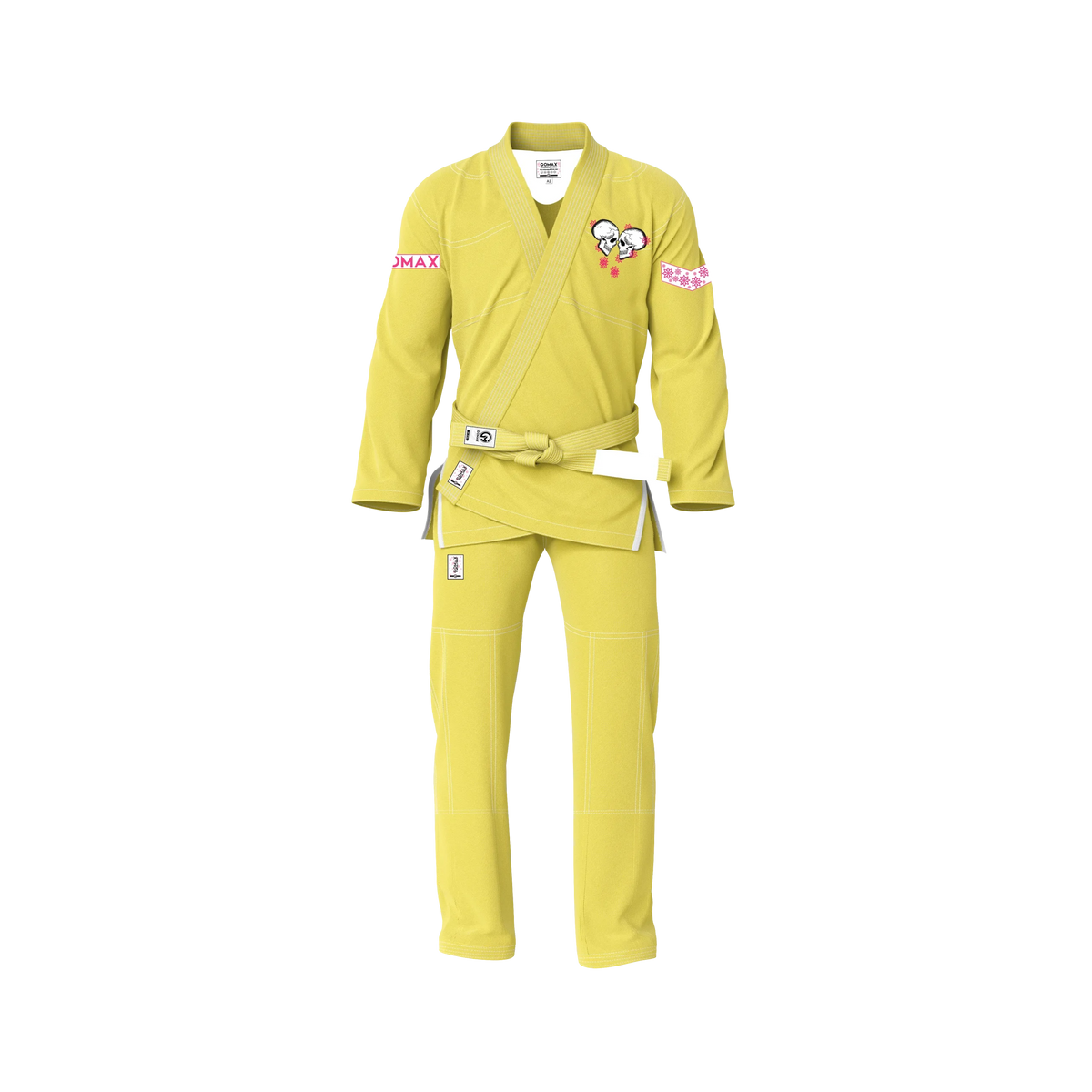 Yellow BJJ gi set front view showing full uniform with jacket and pants