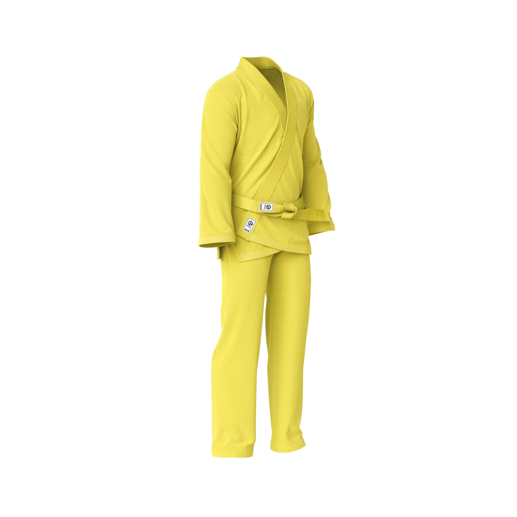 Sunshine yellow gi side angle showcasing lightweight fit and flexible seams