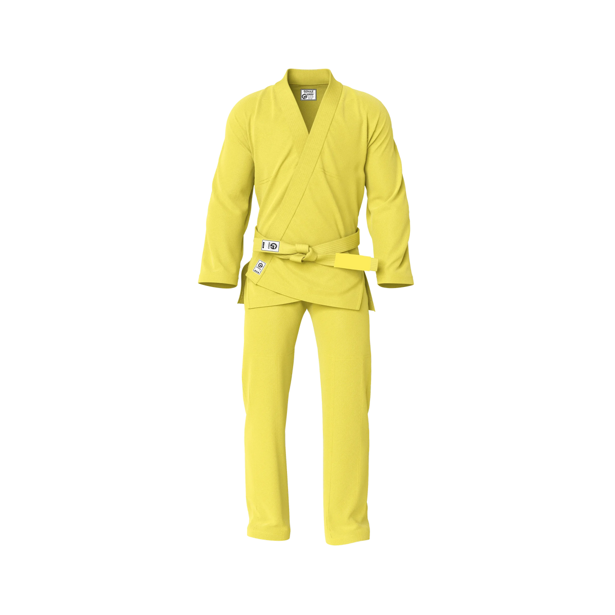 Yellow BJJ gi front view highlighting sunshine design and durable cotton weave