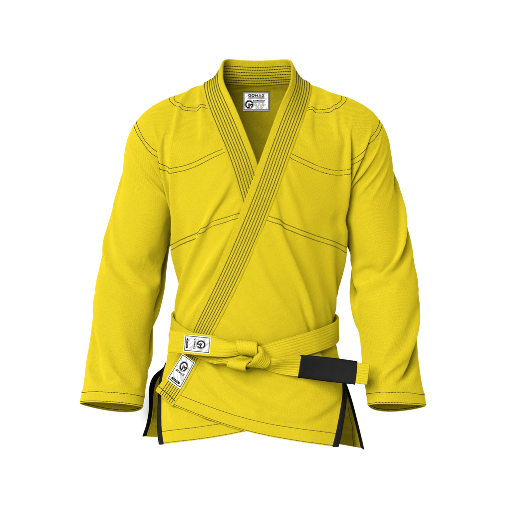 Front view of yellow gi lightweight showing breathable weave and ultralight fit for summer BJJ training.