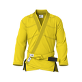 Front view of yellow gi lightweight showing breathable weave and ultralight fit for summer BJJ training.