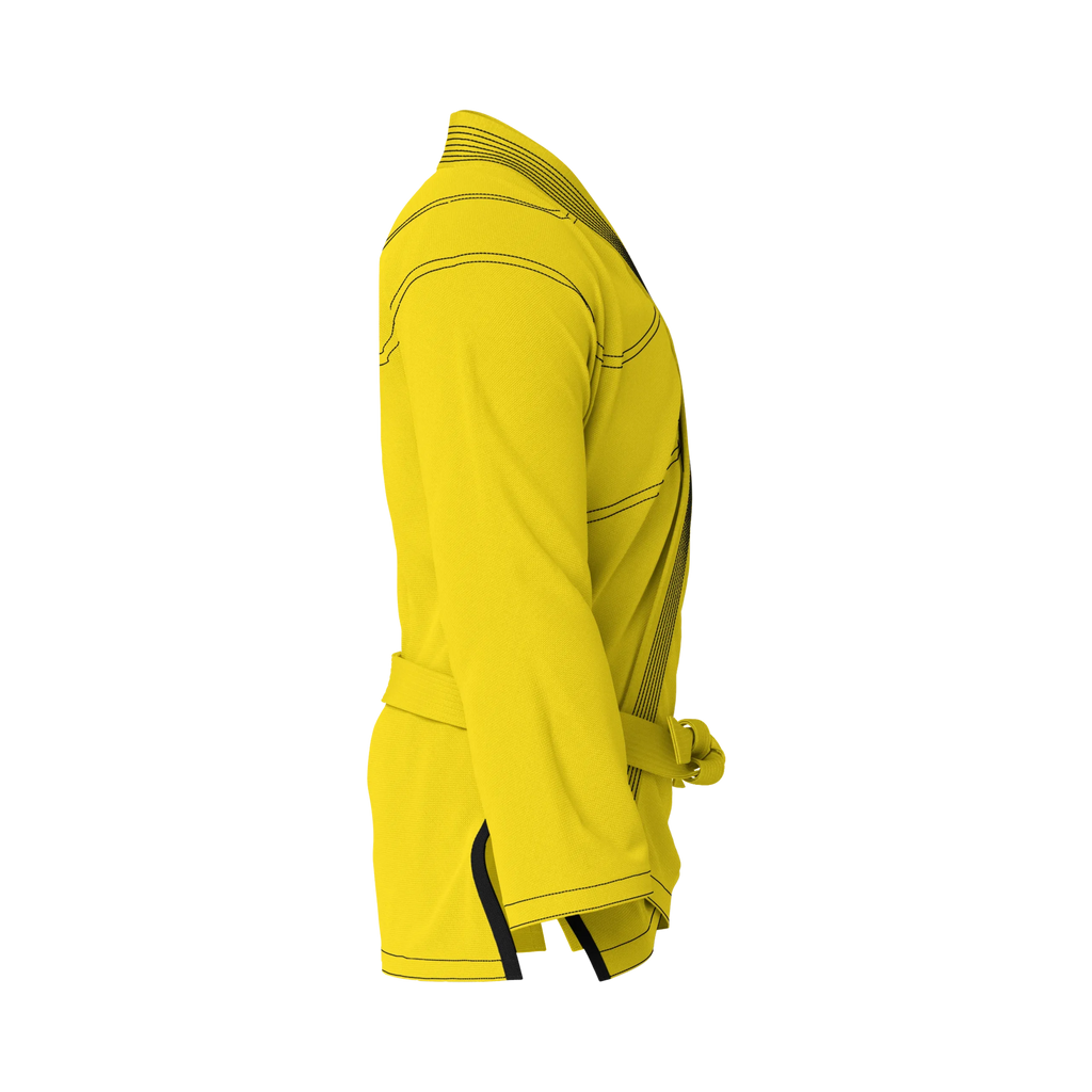 Side profile of ultralight yellow BJJ gi highlighting sleek silhouette and lightweight construction.