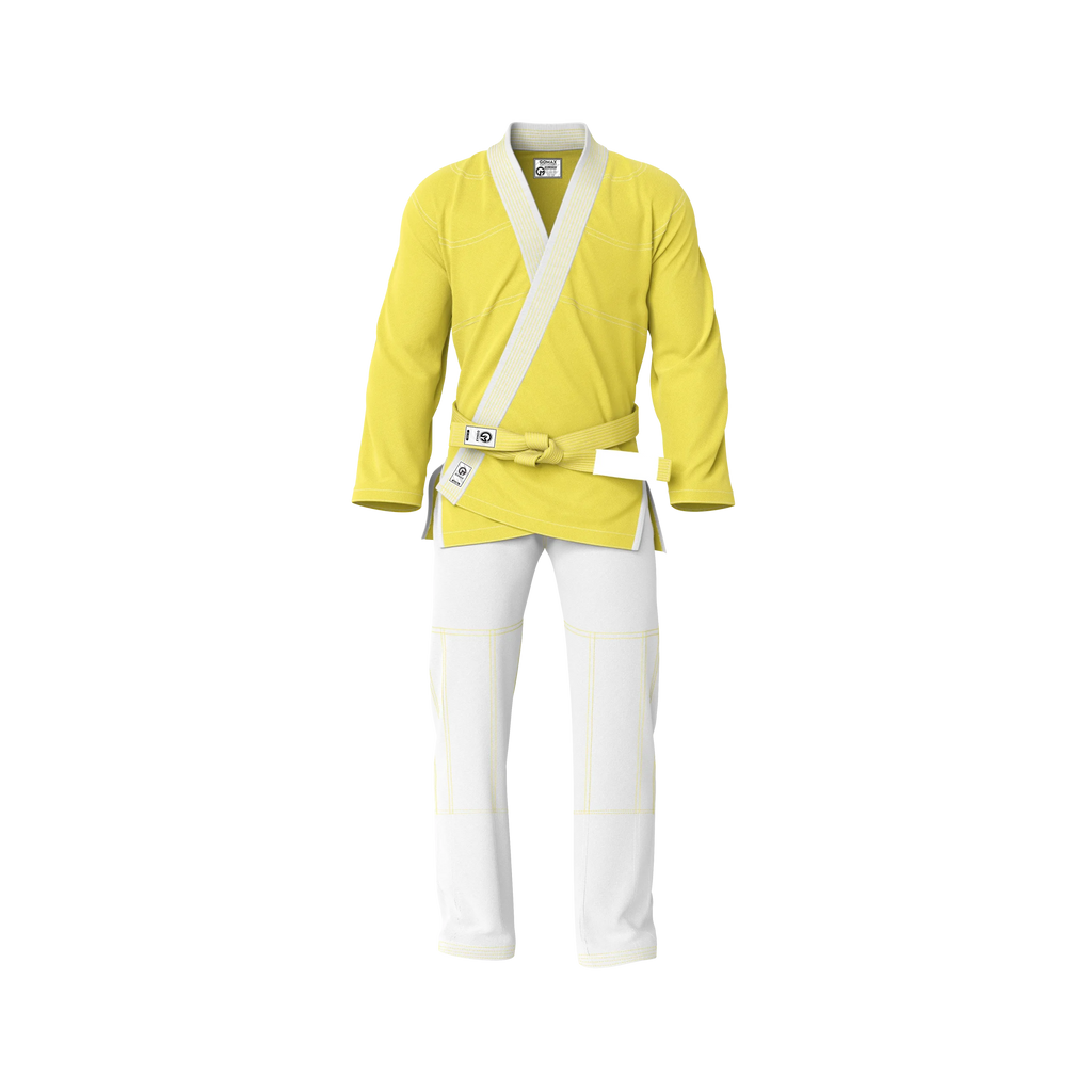 Yellow gi slim fit front view showing athletic cut and tapered silhouette