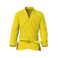 Front view of yellow gi for beginners showing classic cut and reinforced stitching for entry-level BJJ.