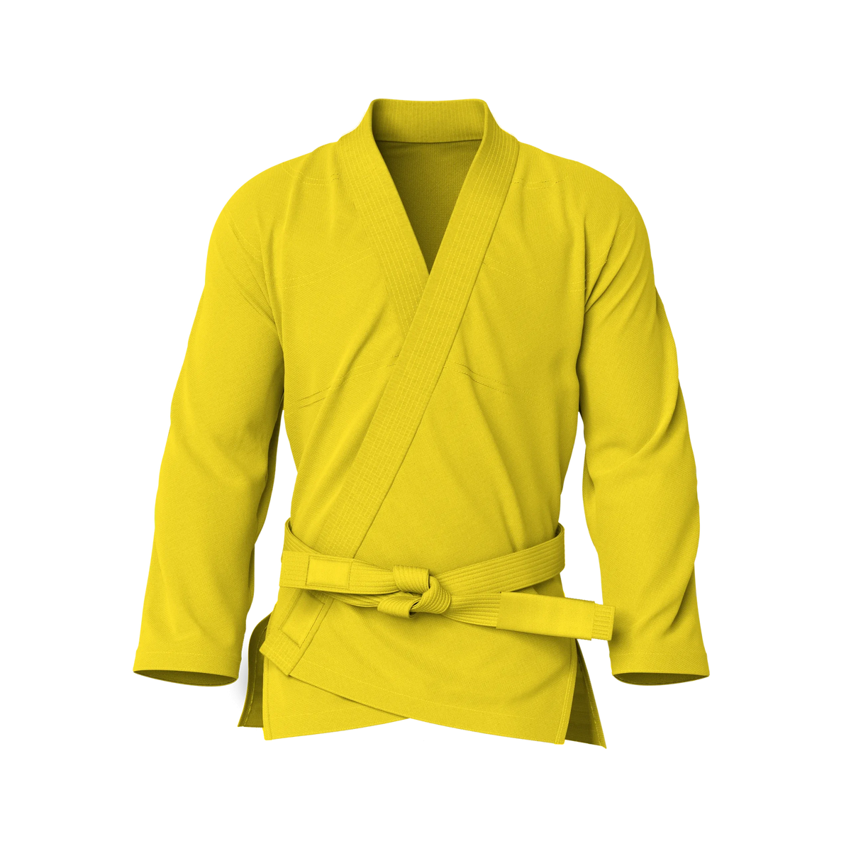 Front view of yellow gi for beginners showing classic cut and reinforced stitching for entry-level BJJ.