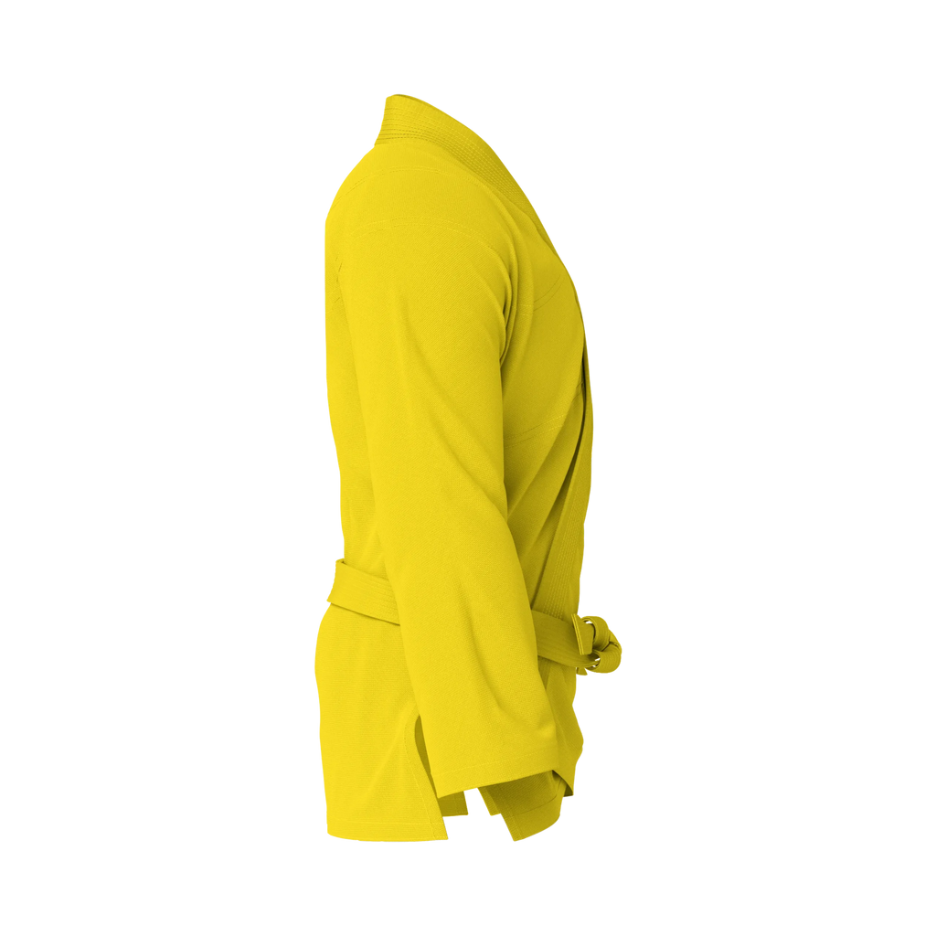 Side profile of starter yellow BJJ gi highlighting pearl weave texture and durable construction.