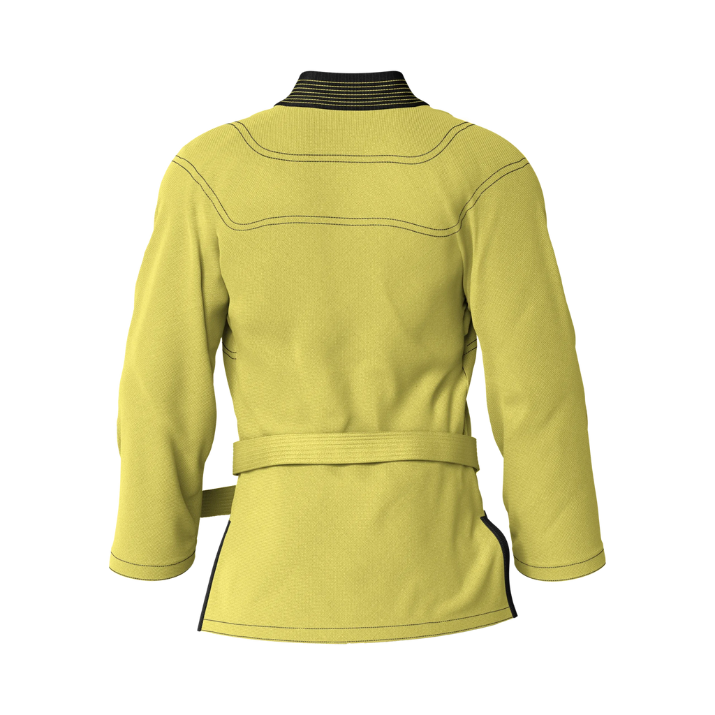 Back angle of yellow gi for grading designed for formal BJJ promotions and traditional martial arts events.