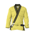 Front view of yellow gi for promotions showing structured fit for belt tests and ranking ceremonies.