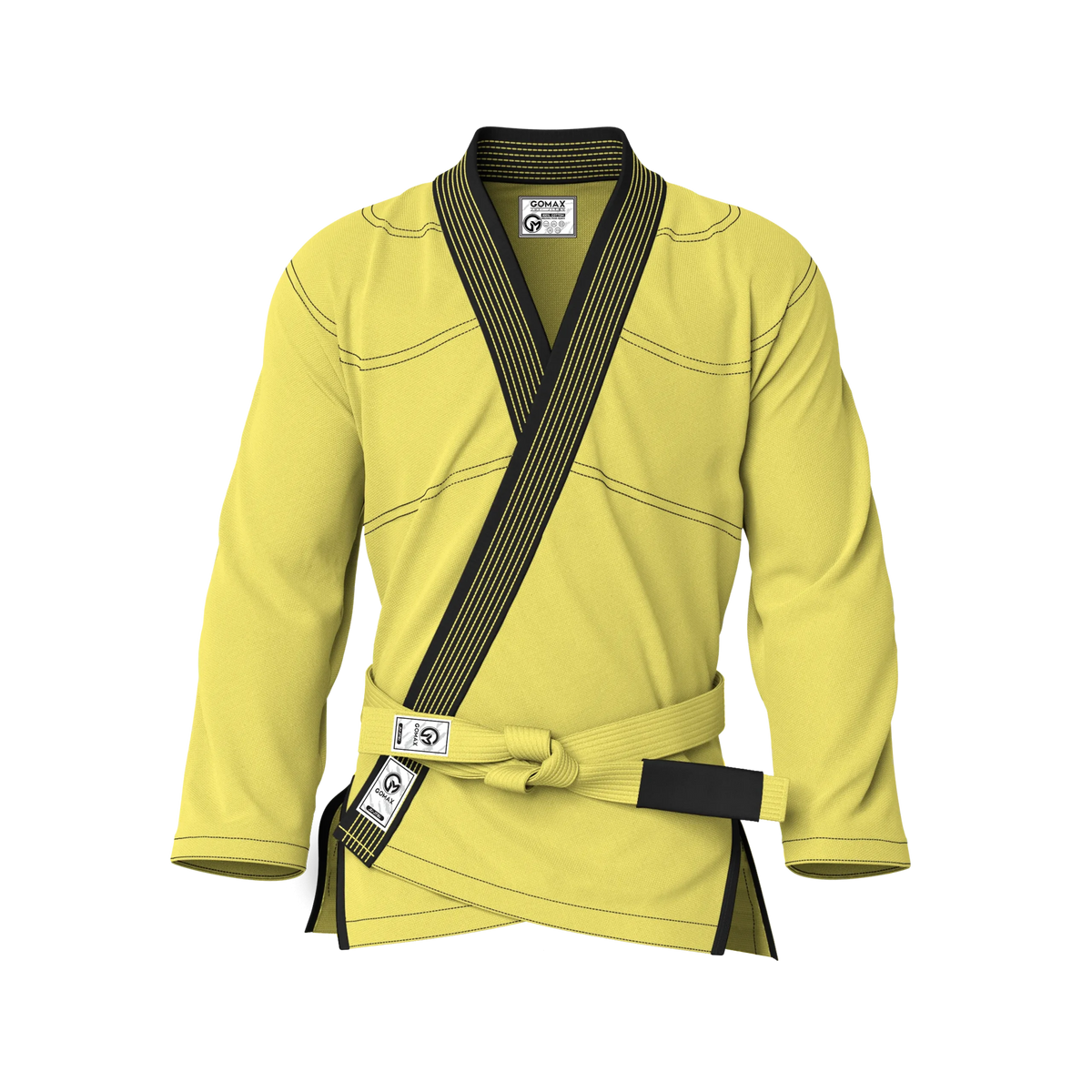 Front view of yellow gi for promotions showing structured fit for belt tests and ranking ceremonies.