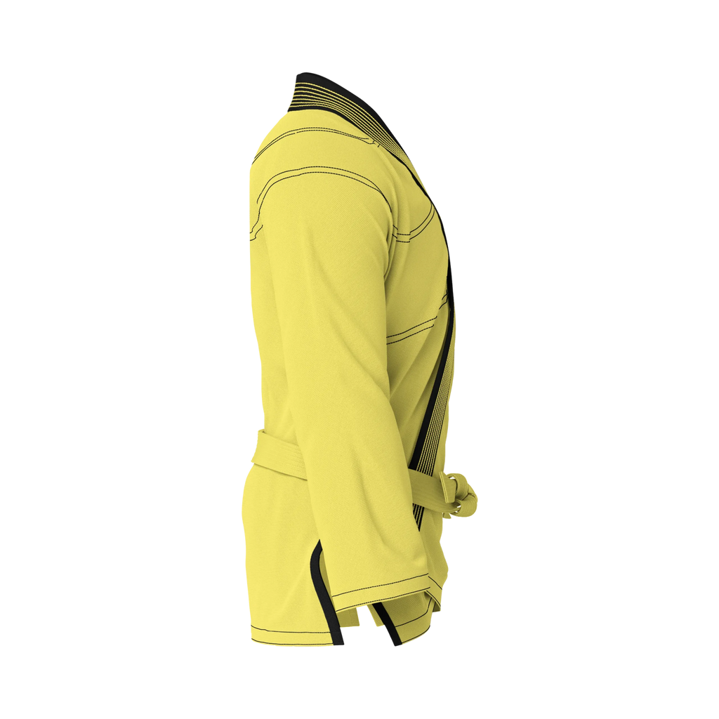 Side profile of yellow gi for ceremonies highlighting reinforced stitching and elegant cut for ranking sessions.