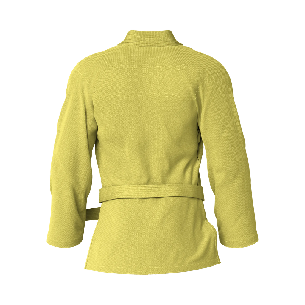 Back angle of durable yellow gi designed for open mat sessions and high-intensity BJJ drills.
