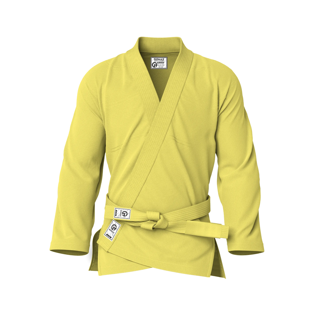 Front view of yellow gi for training showing reinforced stitching and durable pearl weave for sparring.