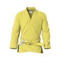 Front view of yellow gi for training showing reinforced stitching and durable pearl weave for sparring.