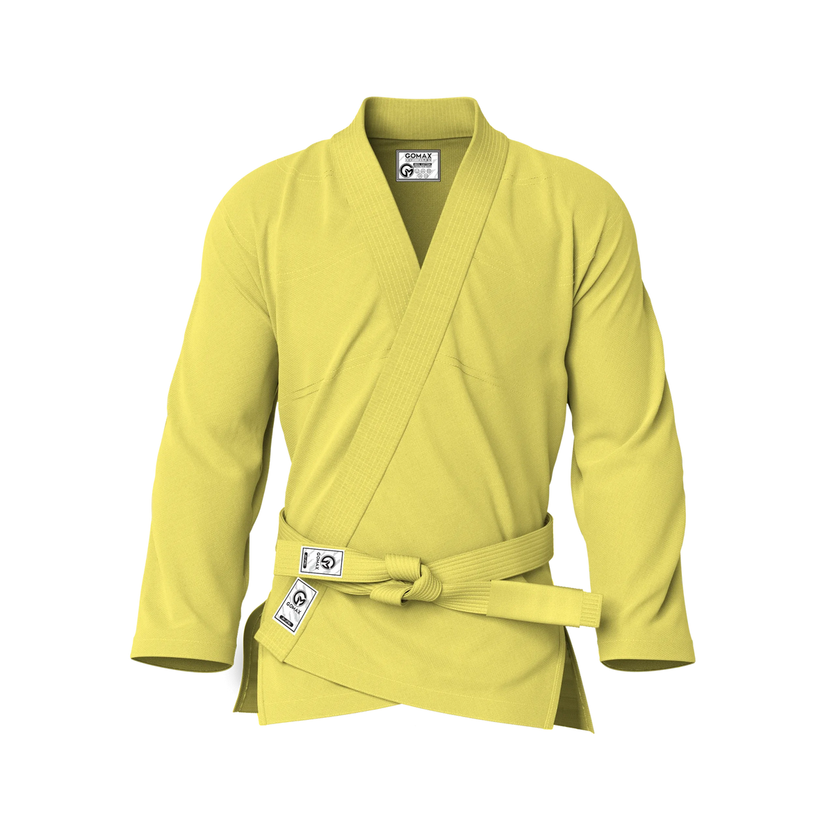 Front view of yellow gi for training showing reinforced stitching and durable pearl weave for sparring.
