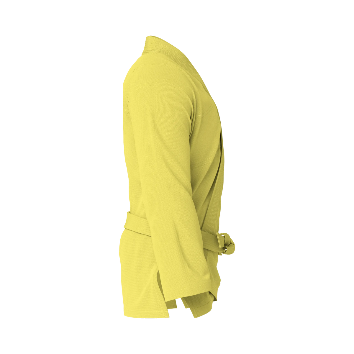 Side profile of yellow gi for sparring highlighting classic fit and rugged construction for training.