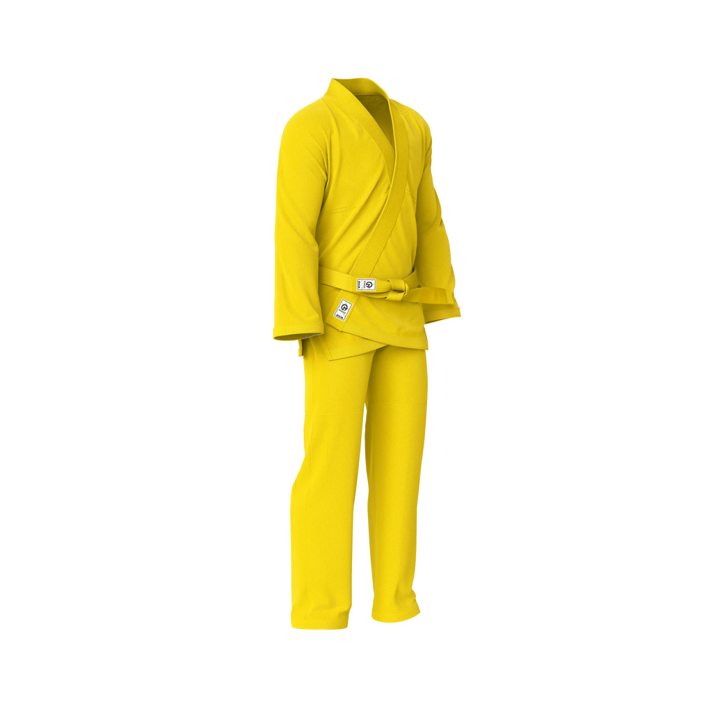 Female fit yellow gi side angle highlighting comfort, flexibility, and tailored design