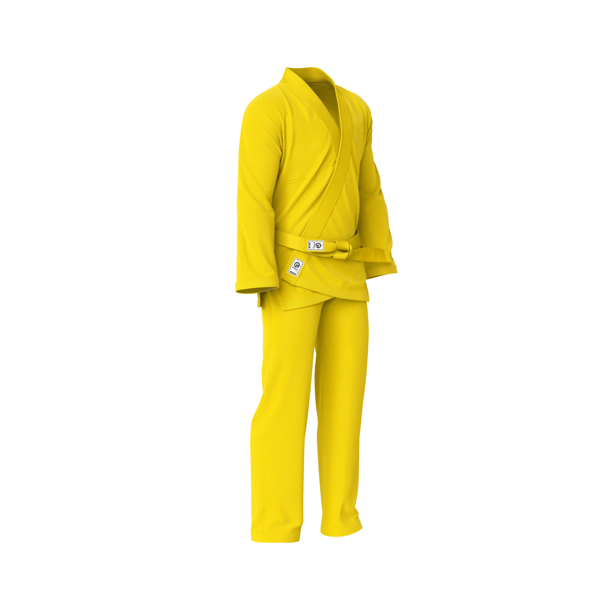 Female fit yellow gi side angle highlighting comfort, flexibility, and tailored design