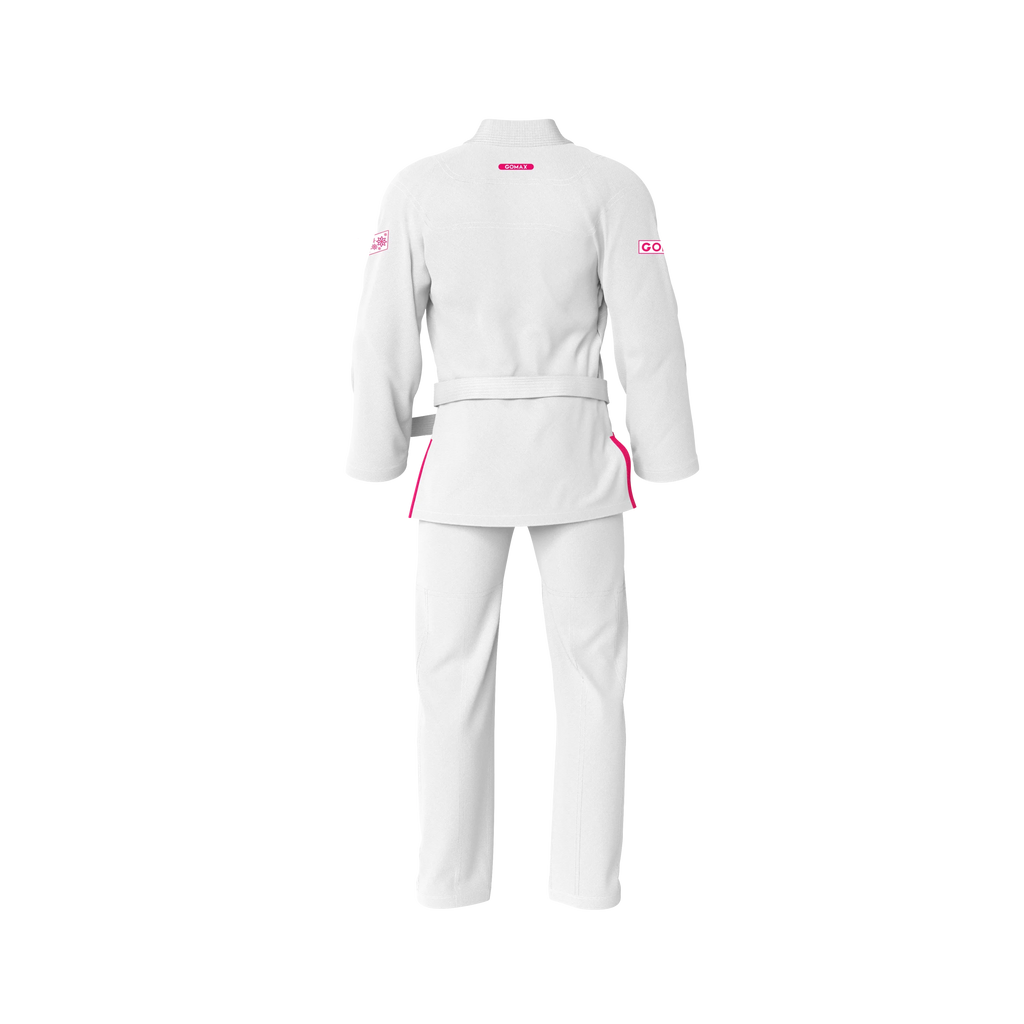 White gi BJJ uniform crafted for grappling, rolling, and tournament use with premium cotton weave